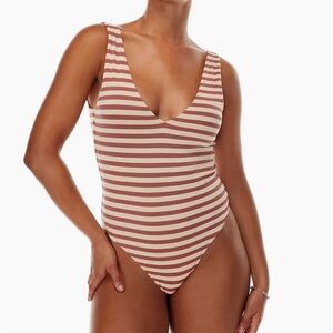 NWT babaron  V-neck striped neutral tone bodycon beige bodysuit size medium